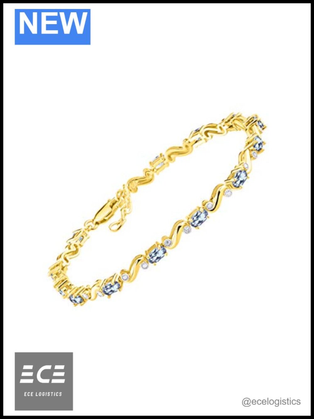 Yellow Gold Plated Silver Tennis Bracelet Gemstone & Diamond Adjustable 7-8 Inch